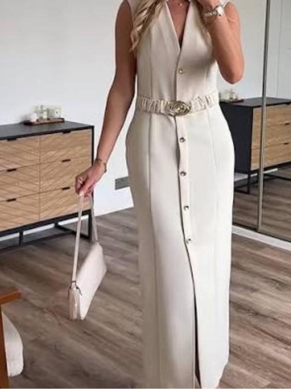 Zara Cream Sleeveless Button-Front Maxi Dress